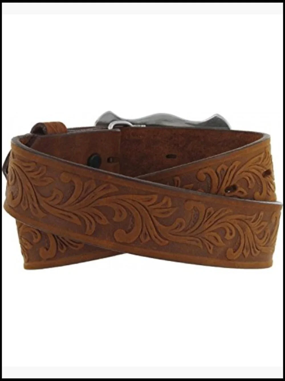 Tooled Leather Belt with Silver Engraved Buckle